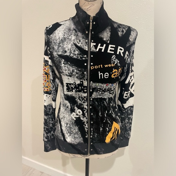 Black and White Bomber Jacket with High Collar and Graphic Design - Picture 1 of 9